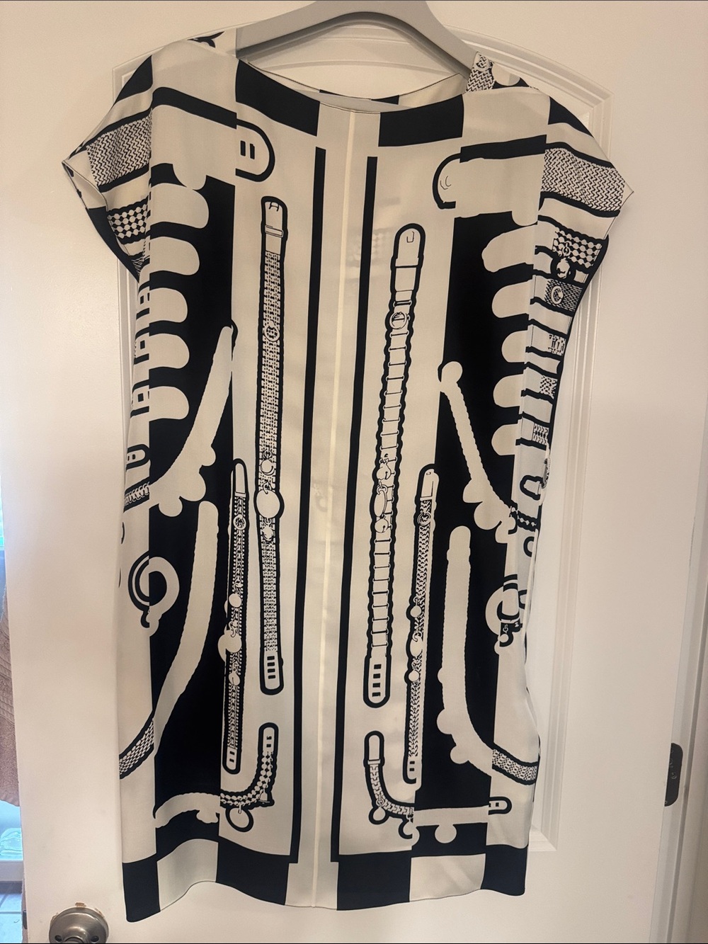 Hermes Black and White Graphic Belt-Print Midi Dress